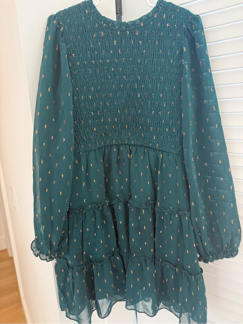 Zunie Teal Long-Sleeve Smocked Tiered Holiday Dress with Gold Dots